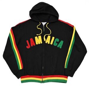 VTG‎ Authentic Gear Jamaica Full Zip Hoodie Reggae Long Sleeve Cut Sewn Letters